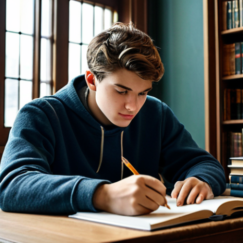 Home 7 **
"A student studying diligently at a desk in a cozy library, surrounded by books, wearing comfortable clothes, with soft natural lighting, safe for work, appropriate content, fully clothed, professional, perfect anatomy, natural proportions."
**