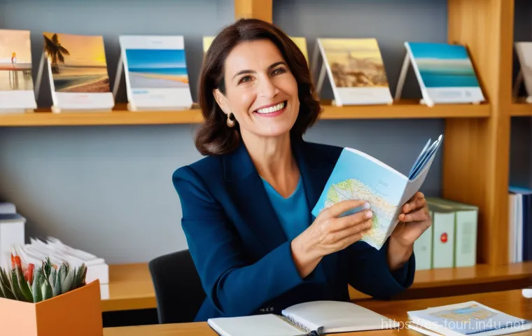 여행사 직원의 커리어 패스 - **Prompt: The Dream Weaver's Connection**
"A bright, inviting travel agency office with a warm, ...