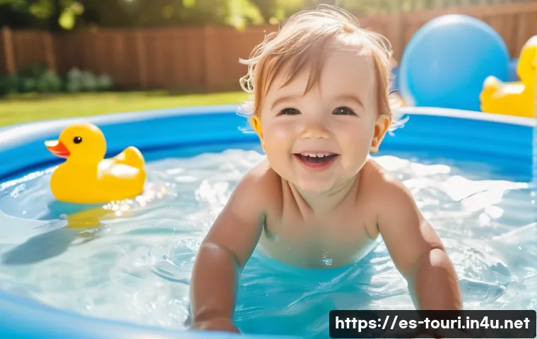 여행사에서의 연봉 협상 사례 - **A toddler wearing a clean diaper is gleefully splashing in a shallow inflatable pool in a sunny ba...