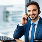 여행산업기사 자격증으로 이직 성공하기 - A professional travel agent in a modern office setting, engaging warmly with diverse clients includi...