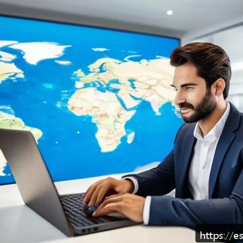 여행산업기사 스터디 계획 예시 - A modern digital tourism professional working in a sleek, bright office surrounded by multiple scree...