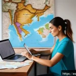 여행 산업에서의 프리랜서로 일하기 - A professional freelance tourism consultant working on a laptop in a cozy, modern home office decora...